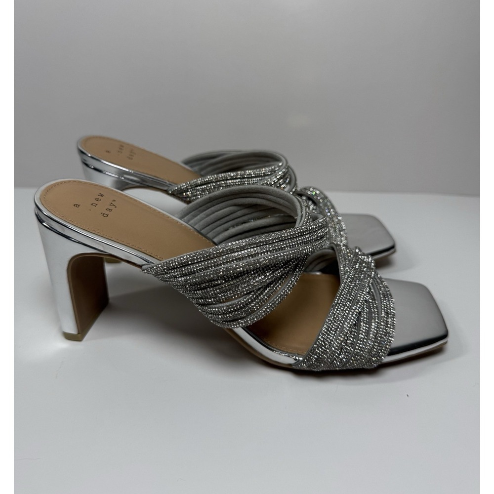 Women Silver Rhinestone Strappy Block Heel Size 8 Slip Square Toe Shoes Formal